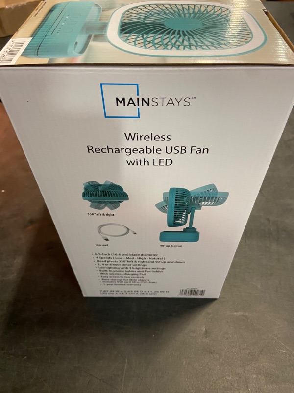 Photo 3 of Mainstays New Rechargeable Personal USB Fan with wireless charging pad and led lighting teal 