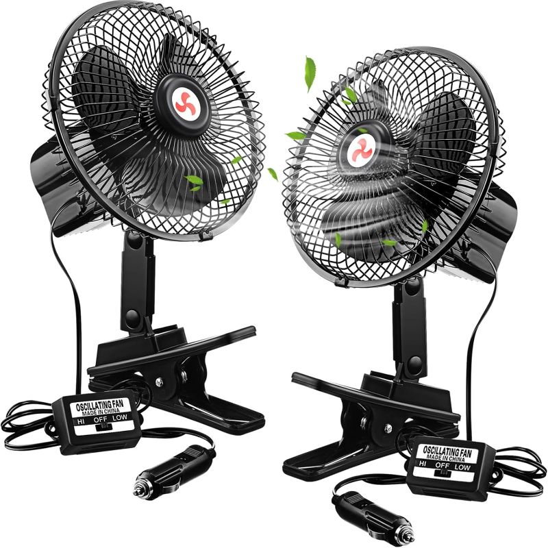 Photo 1 of 2 Pcs 7" Portable Car Fan with Car Cigarette Lighter Electric Cooling 12 Volt Oscillating Fan 12 Volt Fan Automobile Vehicle 360 Degree Swivel Fan with Clip for Car Truck Camping Supplies, Black