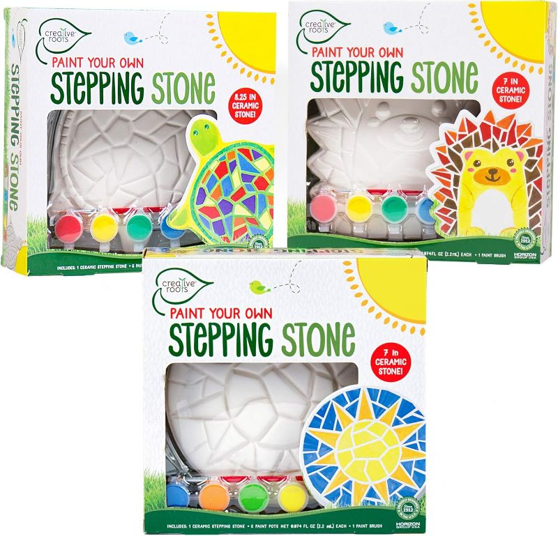 Photo 1 of Creative Roots Mosaic Turtle, Hedgehog, & Sun Stepping Stone, Includes 3-Pack 7-Inch Ceramic Stepping Stone & 6 Vibrant Paints, Paint Your Own & DIY Stepping Stone for Kids Ages 8+