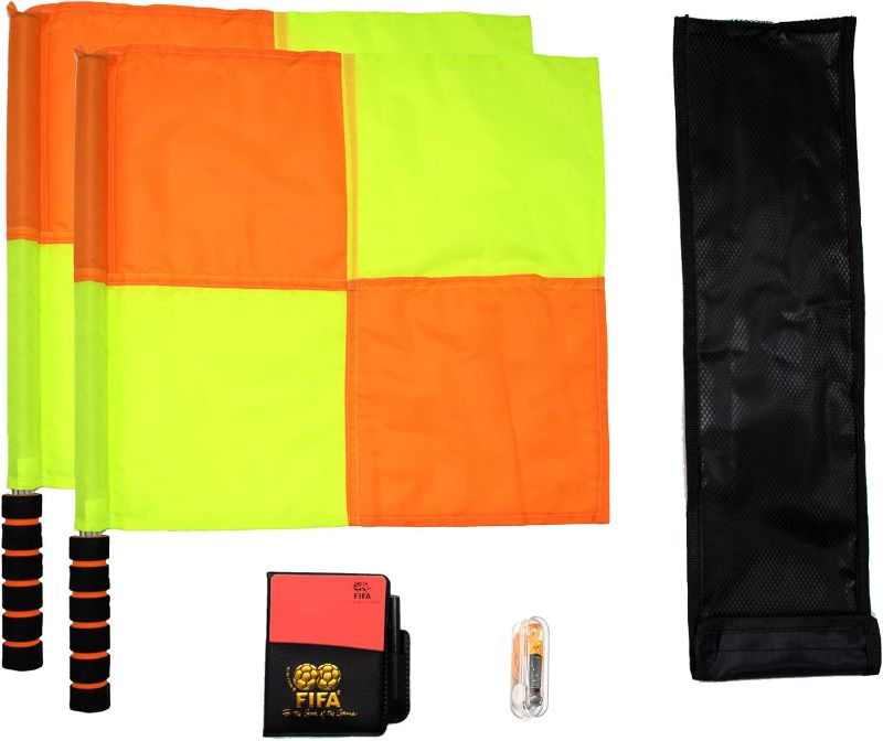 Photo 1 of Soccer Referee Flag,Checkered Linesman Flags Set with Case?Metal Pole Foam Handle water Proof?Red Yellow Cards with Notebook and Pencil,Coach Stainless Steel Whistles with Lanyard 2Pcs (Style 2)