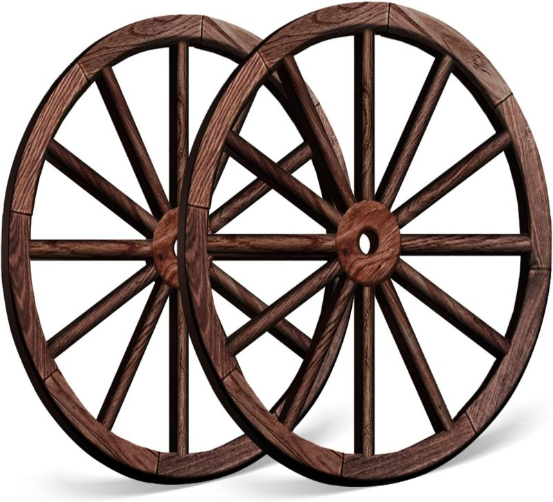 Photo 1 of OYEFLY 2 Pcs Wagon Wheel Decor,Decorative Vintage Wood Garden Wagon Wheel,Vintage Rustic Wagon Wheel (Brown, 12 Inch)