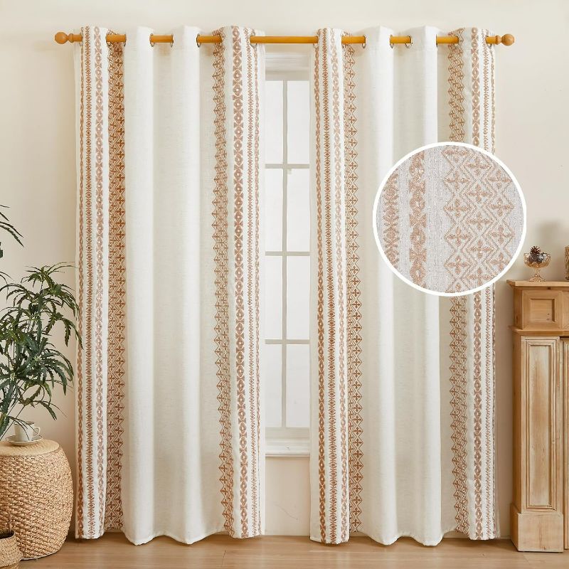 Photo 1 of Linen Curtains for Bedroom 84 Inches Long Vintage Farmhouse Curtains for Living Room Beige Cottage Curtains Boho Embroidered Geometric Patterned Curtains Bedroom 2 Panels, 55 X 84 Inch, Beige