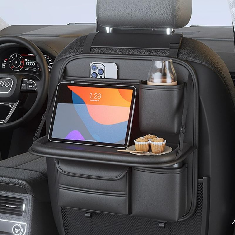 Photo 1 of Car Backseat Organizer with Foldable Table Tray,Hanging Car Storage Bag with Touch Screen Phone Holder,Premium PU Leather Material,Compatible with Most Vehicles,Inner Car Accessories