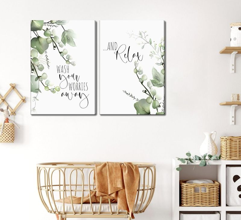 Photo 1 of 2 Pcs Botanical Canvas Wall Art Green Eucalyptus Leaves Picture Wall Decor Plant Watercolor Bathroom Poster Print for Toilet Laundry Clean Room Home Decoration