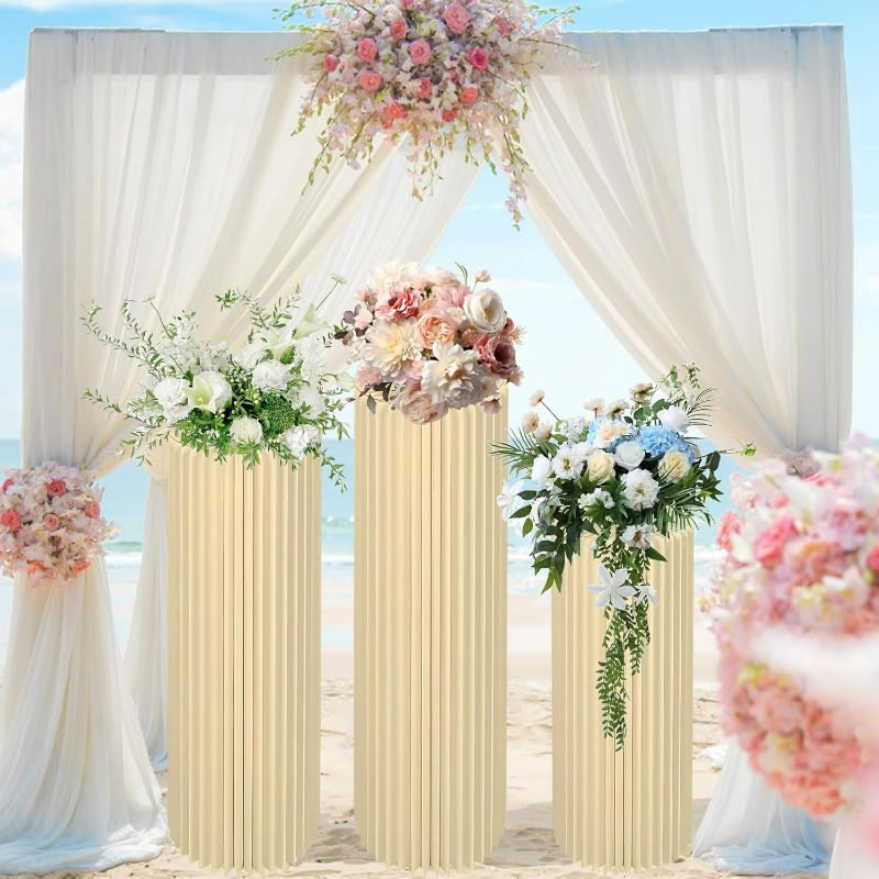 Photo 1 of 3PCS Large Cylinder Stands for Party, Pack of 3 Cardboard Cylinder Tables Cake Stands, 31.5inch Round Cylinder Pedestal Stands for Birthday Event Centerpieces Decor, Wedding Table Display, Milky