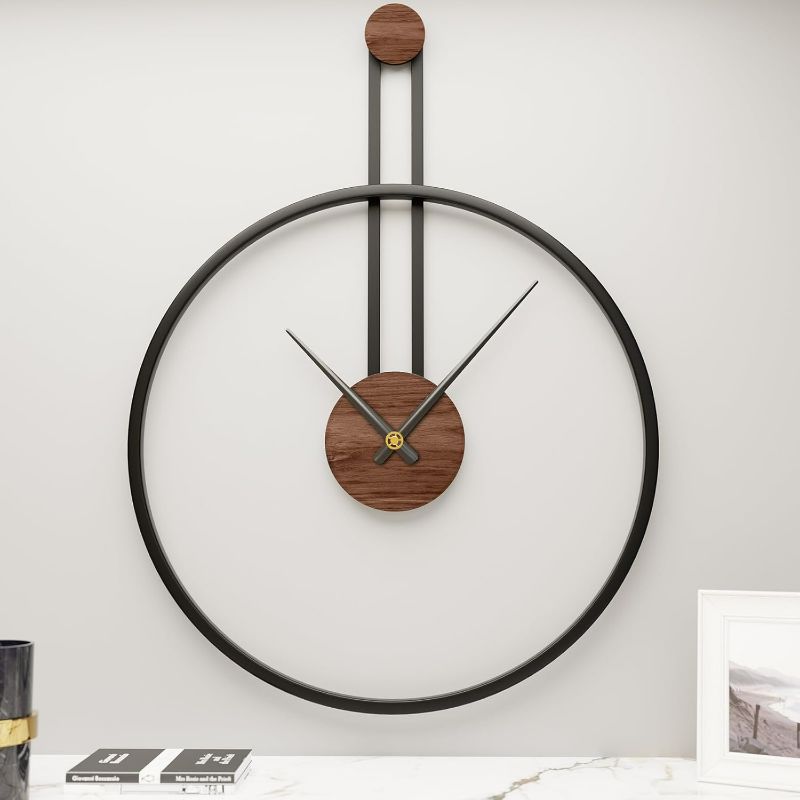 Photo 1 of 24.4×18 Inch Large Modern Metal Farmhouse Oversized Decorative Wall Clocks for Living Room,Big Minimalist Black Wall Clock with Elegant Natural Walnut Dial for Office,Dining Room