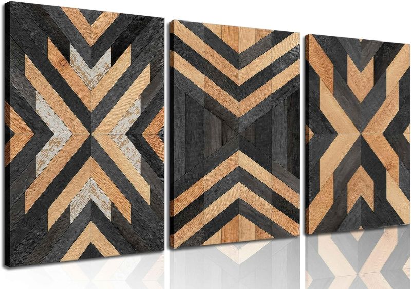 Photo 1 of 3Pcs Aztec Wood Canvas Wall Art Western Wood Grain Posters Pictures Black and Brown Abstract Geometric Paintings Boho Vintage Tribal Prints for Farmhouse Living Room Bedroom Office Wall Decor Framed