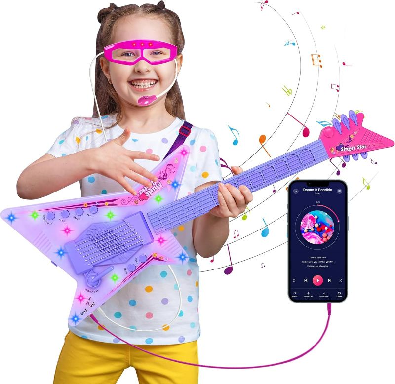 Photo 1 of Guitar and Microphone Play Set with Glasses,Music Toys with Music&Light,Kids Karaoke Machine,Music Instruments for Toddlers,Girls,Perschool Educational Toys Gift for Children