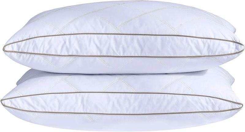 Photo 1 of puredown® Natural Goose Down Feather Pillows for Sleeping Oval Gusseted Down Feather Pillow 100% Cotton Pillow Cover with Leaf Quilting Queen Set of 2