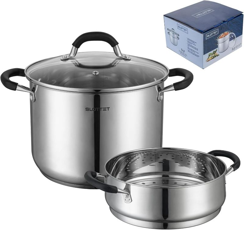Photo 1 of 8 Quart Stainless Steel Stock Pot with Steamer,8 Qt Deep Soup Pot for cooking,Multipurpose Stockpot with Stay-cool silicone Handle