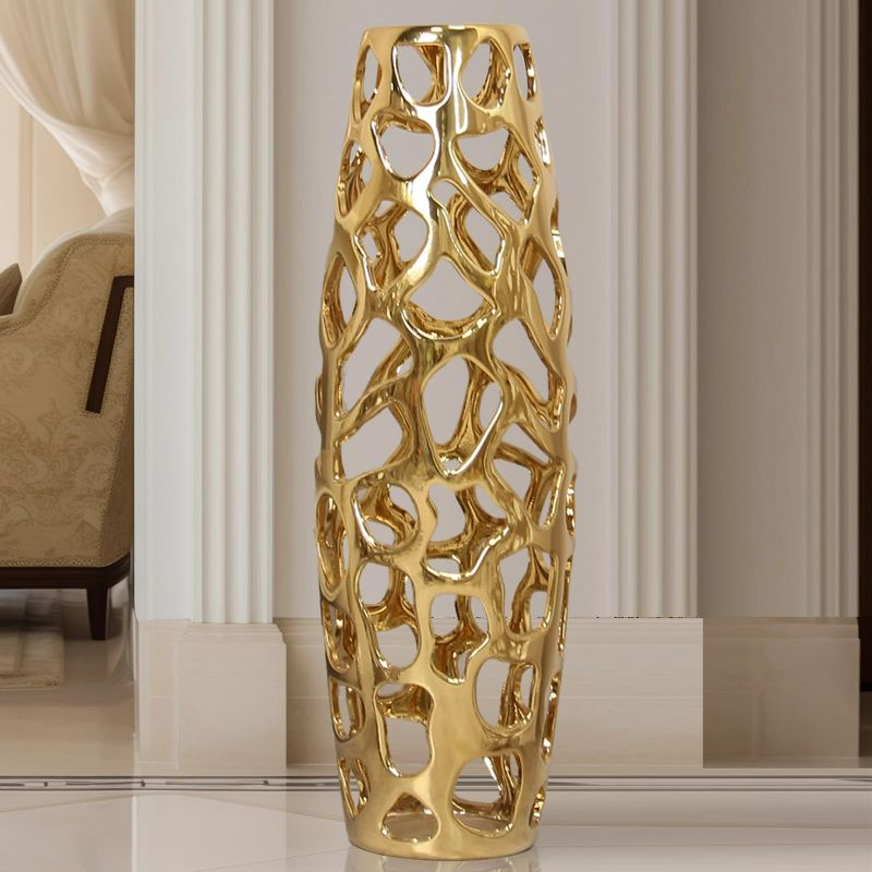 Photo 1 of Ceramic Vase Large Floor Vase Handmade Ceramic Flower Holder Hand Carve Vase Made Sophisticated Vessel for Decorative Branches and Dried Flowers 24 Inches Gold