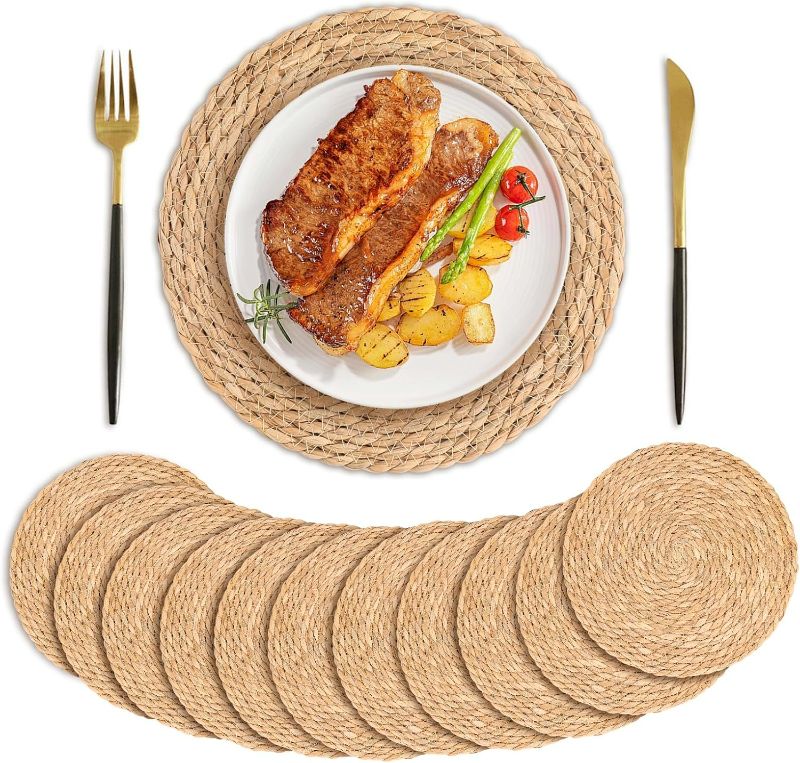 Photo 1 of KesaPlan Round Woven Placemats Set of 12, 12" Round Rattan Placemats, Natural Wicker Placemats, Hand-Woven Water Hyacinth Placemats, Boho Placemats, Non-Slip, Heat Resistant for Dining Table Party