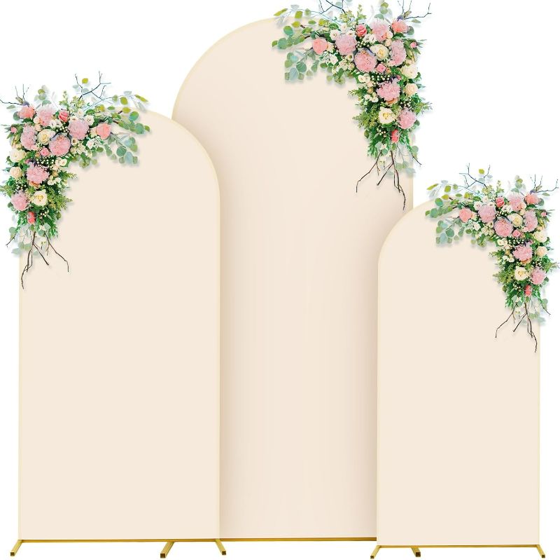 Photo 1 of Tandefio 3 Sets Gold Metal Wedding Arch Arched Backdrop Stand and 3 Pcs Arch Cover 6ft/5ft/4ft Garden Arbor Frame Birthday Party Ceremony