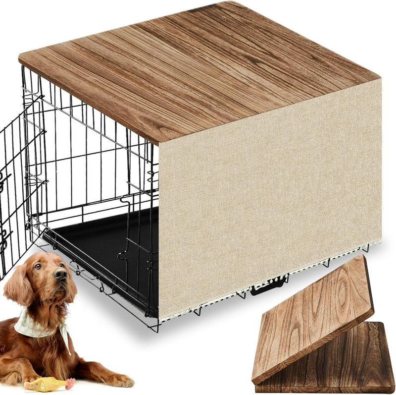 Photo 1 of Wenqik Dog Crate Topper Wood for 36 Inch Cages Pet Crate Table Topper with Tassel Curtain Collapsible Wire Dog Crate Table Top Rustic Kennel Dog Crate Cover Wood, (Dog Crate Not Include)