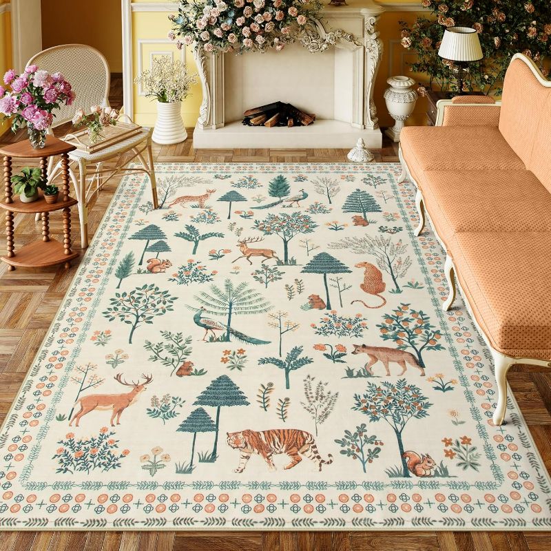 Photo 1 of Lahome Jungle Kids Playroom Rug, 8x10 Rugs for Living Room Bedroom Large Washable Area Rug, Modern Animal Rug Beige Nursery Rug Non Shedding Soft 8x10 Rug for Kids Room Playroom, Ivory/Beige