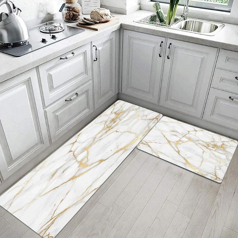 Photo 1 of Mrcrypos Gold White Kitchen Rugs Cushioned Anti Fatigue 2 PCS Marble Kitchen Mats PVC Non Slip Waterproof Kitchen Mats for Floor Sink Laundry Office