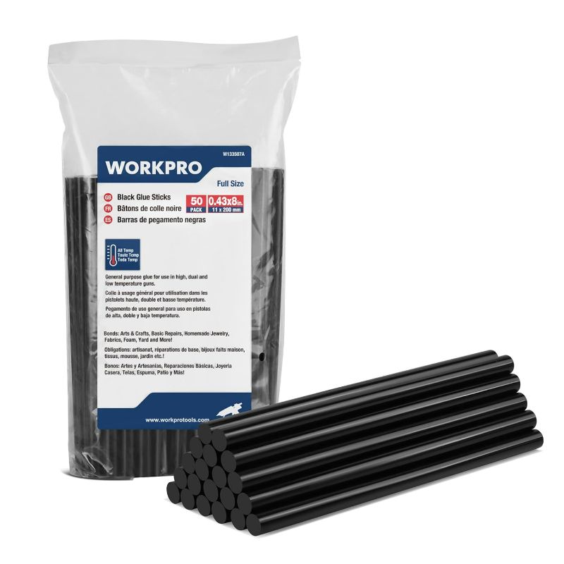 Photo 1 of 11 WORKPRO Hot Glue Sticks Full Size, 50-Pack Black Hot Melt Glue Sticks for All-Temp Glue Guns, 0.43x8 Inches, Multipurpose for DIY Craft General Repairs, Home Decorations