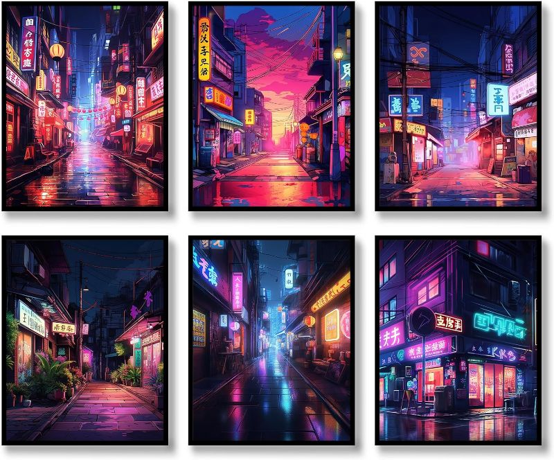 Photo 1 of Japanese Wall Art Japan Rura Architecture Abstract Scenery Illustration Night Neon Countryside Streets Canvas Art Poster for Living Room Bedroom (B, 8"x10" UNFRAMED)