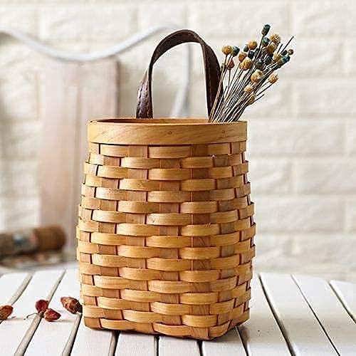 Photo 1 of hanging wicker basket Hand-Woven Wood Storage Basket Portable Wall Hanging Flower Basket Organizer Fruit Vegetable Rattan Box Home Decoration Height 6.1in