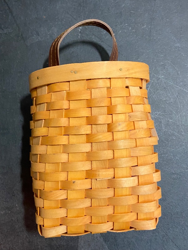 Photo 2 of hanging wicker basket Hand-Woven Wood Storage Basket Portable Wall Hanging Flower Basket Organizer Fruit Vegetable Rattan Box Home Decoration Height 6.1in