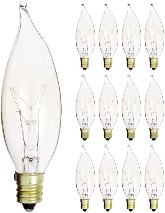 Photo 1 of KOR (Pack of 12) 25-Watt Clear Candelabra Base (E12) Flame Tip 120V Decorative Dimmable 25W Chandelier Lights Bulbs(Missing 2 pack of 10)