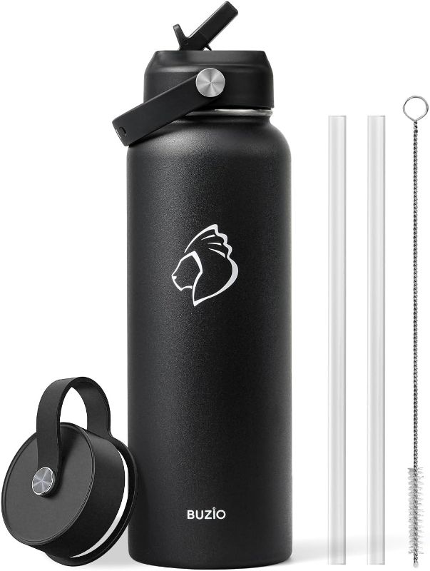 Photo 1 of BUZIO 40oz Insulated Water Bottle, Triple Wall Vacuum Stainless Steel Water Flask with 2 lids, Lead-Free BPA-Free Straw Lid Sports Canteen Jug, Cold 48H & Hot 24H- Black