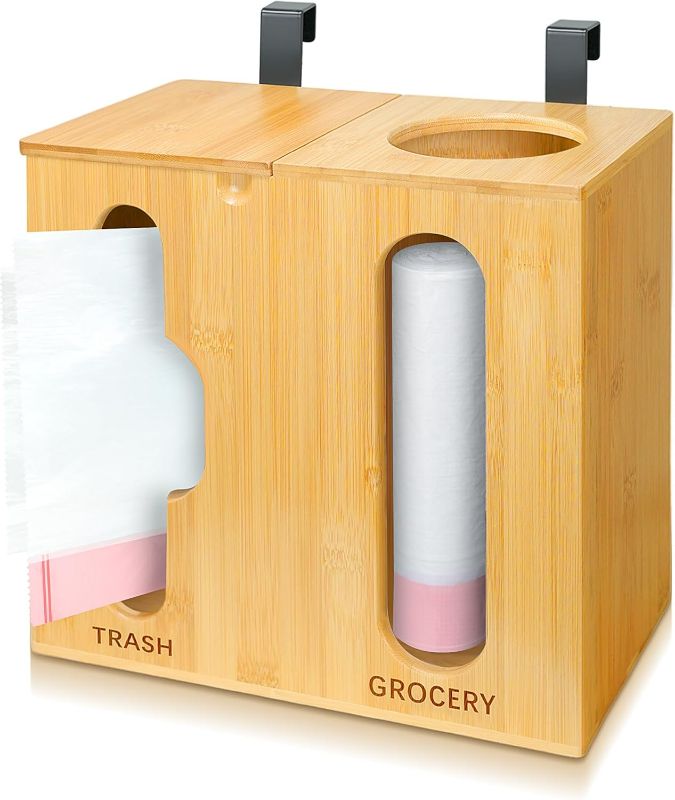 Photo 1 of Grocery Bag Dispenser & Trash Bag Holder - 2 in 1 Bamboo Plastic Bag Holder, Wall Mounted Grocery Plastic Bag Holder for Kitchen Organization, Under Sink Organization(Bamboo) Broken but could be glued together