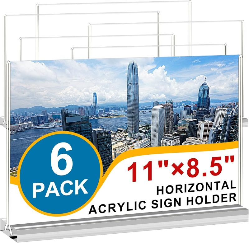 Photo 1 of Arrobust Acrylic Sign Holder 8.5x11 Inches 6 Pack Horizontal, T -Shaped Double Sided Clear Paper Frames, PlasticTable Menu Display Holder, Document Flyer Table Stand for Office, Store, Restaurant