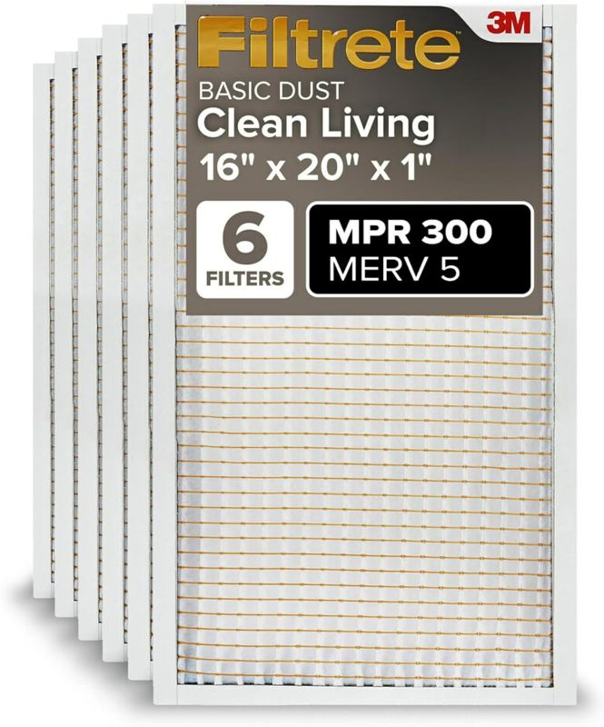 Photo 1 of Filtrete 16x20x1 AC Furnace Air Filter, MERV 5, MPR 300, Capture Unwanted Particles, 3-Month Pleated 1-Inch Electrostatic Air Cleaning Filter, 6-Pack (Actual Size15.69x19.69x0.81 in)