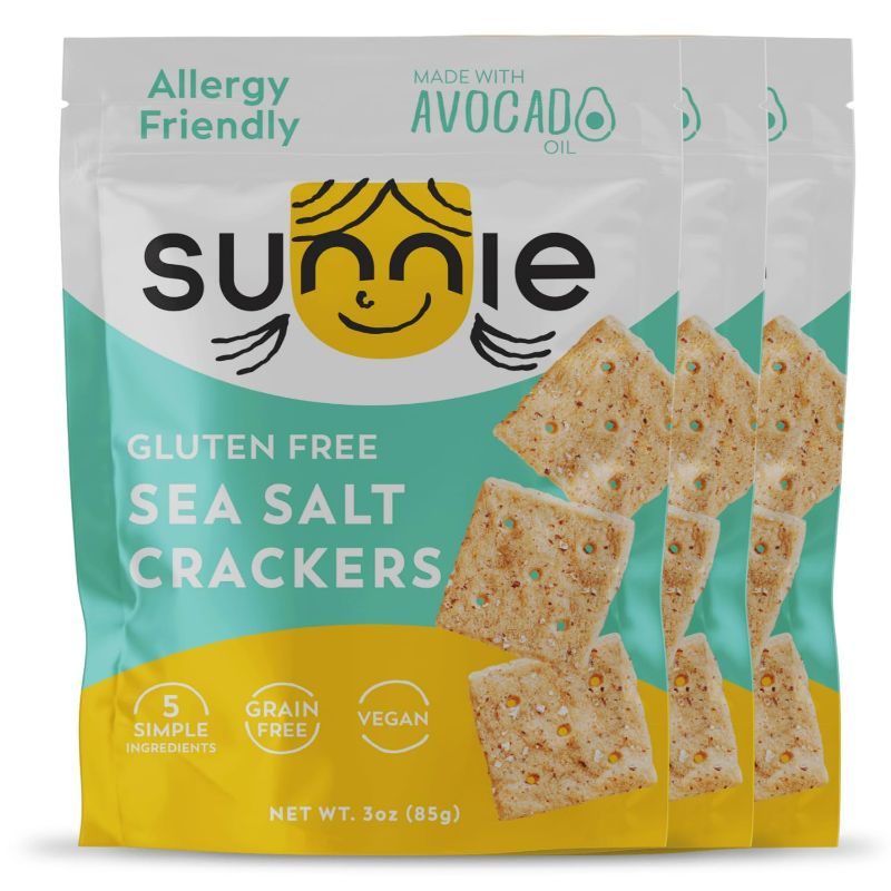 Photo 1 of 10/27/2024 expired Sunnie Gluten Free Crackers - Healthy Grain Free Sea Salt Crackers - Snacks for Kids & Adults - Made with Avocado Oil, Only 5 Ingredients - Vegan Snack, Low Calorie - Individually Wrapped Snacks (9 oz - Pack of 3)