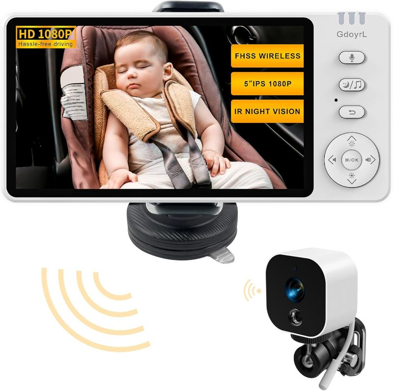 Photo 1 of Baby Car Camera Backseat Wireless Baby Monitor with Camera (Max. Range 1000FT) Multifunctional HD Night Vision Wide View 5'' 1080P IPS Display USB Plug&Play Car Seat Camera for Baby Rear Facing