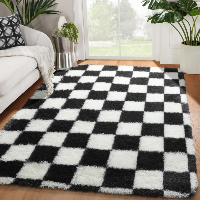 Photo 1 of KICMOR Black and White Rug for Bedroom Living Room, 4x6 Fluffy Checkered Shag Area Rug Fuzzy Carpet, Soft Shaggy Plush Checkerboard Rugs for Teen Boys Dorm Home Decor Aesthetic, Nursery, Playroom