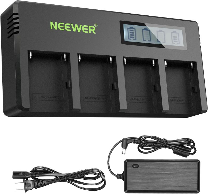 Photo 1 of Neewer 4-Channel NP-F Battery Charger with LCD Screen & Power Adapter, Compatible with Sony NP-F550 F570 F750 F770 F930 F950 F960 F970 FM50 FM500H QM71 QM91 QM71D QM91D Camcorder Li-ion Batteries