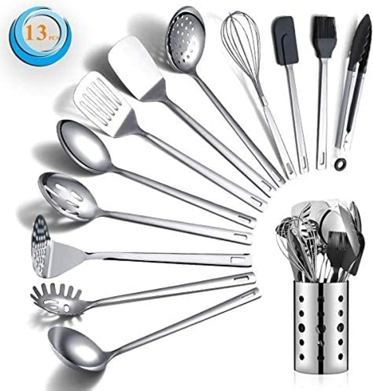 Photo 1 of (Missing tongs and holder) Stainless Steel Cooking Utensils Set, Berglander 13 Pieces Kitchen Utensils Set, Kitchen Tools Set With Utensil Holder Non-Stick And Heat Resistant,Dishwasher Safe, Easy to Clean (13 Packs)