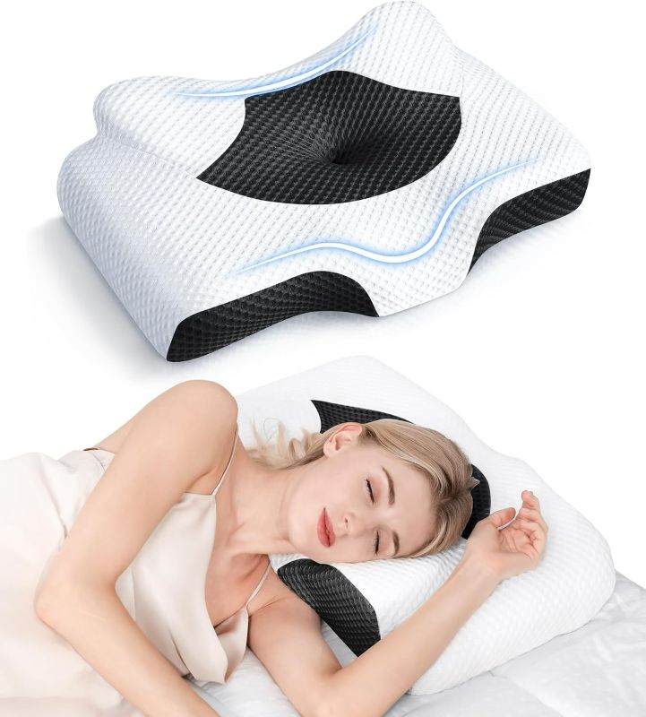 Photo 1 of Osteo Cervical Pillow for Neck Pain Relief, Hollow Design Odorless Memory Foam Pillows with Cooling Case, Adjustable Orthopedic Bed Pillow for Sleeping, Support for Side Back Stomach Sleepers