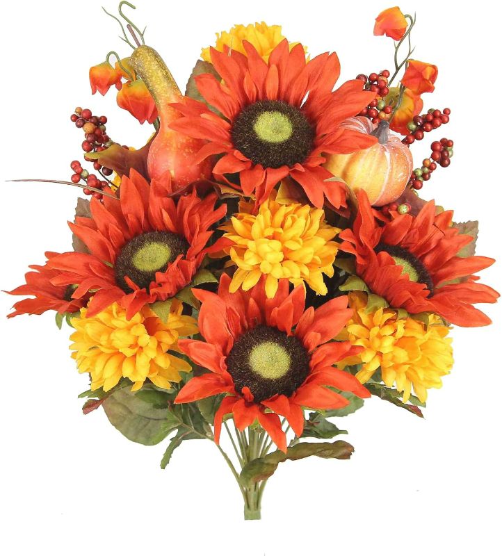 Photo 1 of Admired By Nature 18 Stems Artificial Mums Sunflowers Zinna Silk Flowers Bush Plants Cemetery Flowers for Grave Home Office Wedding Thanksgiving Fall Floral Arrangements Decoration, H. Harvest