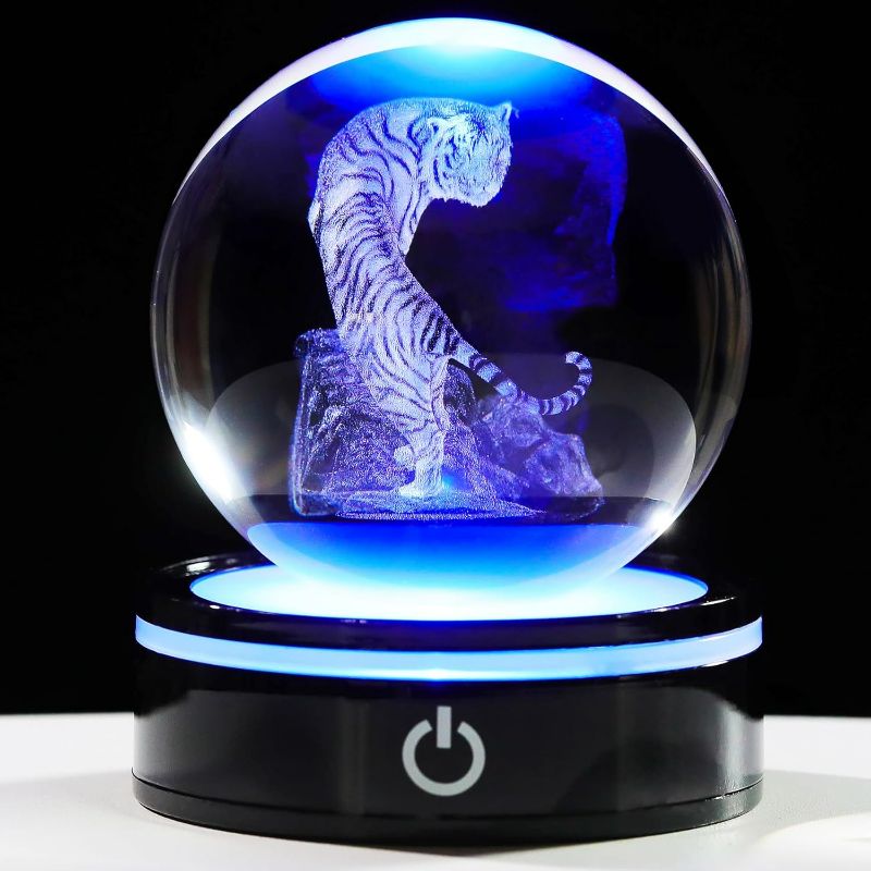 Photo 1 of YWHL 3D Tiger Figurine Crystal Ball with Colorful Light Base, Tiger Gifts for Women Men on Christmas Birthday, 3D Laser Engraved Tiger Full Sphere Glass Decorative Ball for Home Office (80mm)