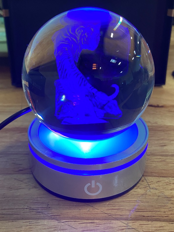 Photo 2 of YWHL 3D Tiger Figurine Crystal Ball with Colorful Light Base, Tiger Gifts for Women Men on Christmas Birthday, 3D Laser Engraved Tiger Full Sphere Glass Decorative Ball for Home Office (80mm)