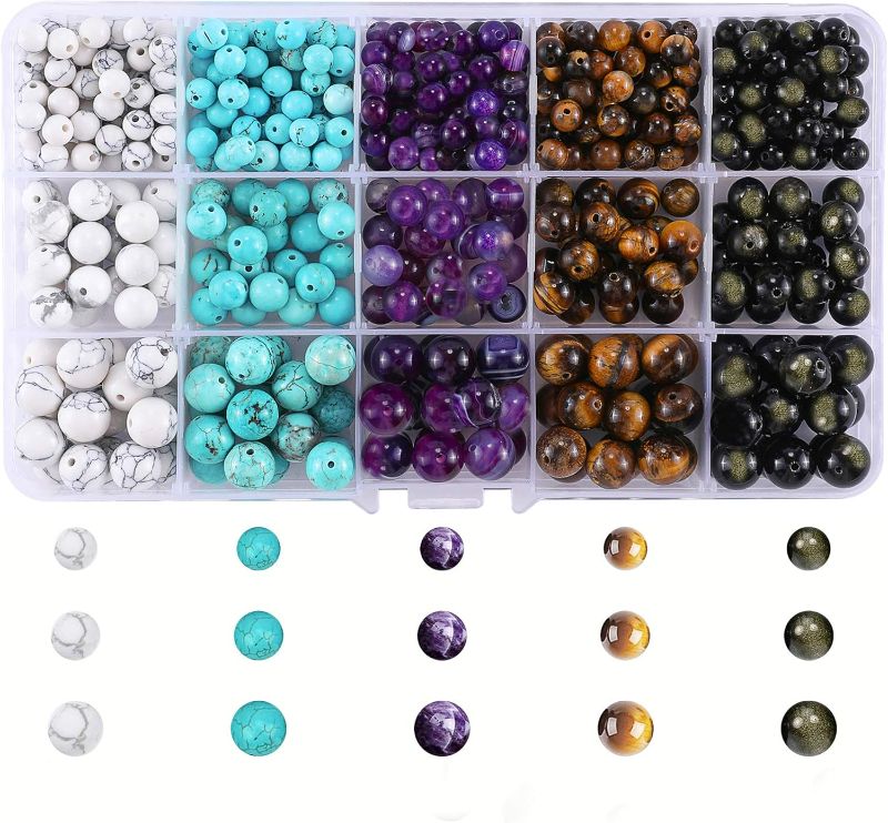 Photo 1 of 480 pcs Natural Stone Beads for Jewelry Making, Genuine Gemstone Round Beads Kit with White Howlite,Turquoise,Purple Agate,Yellow Tiger Eye,Gold Obsidian Beads for DIY Bracelet Necklace.(10/8/6 mm)