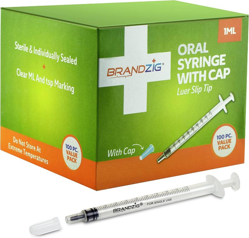 Photo 1 of 1ml Syringe with Cap (100 Pack) | Oral Dispenser Without Needle, Luer Slip Tip, | Individually Wrapped Medicine Dropper for Infants & Pets