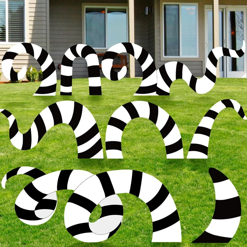 Photo 1 of 8 Pcs Halloween Sandworm Decorations Halloween Yard Stakes Outdoor Decorations Black and White Striped Yard Signs with Stakes Scary Spooky Halloween Decorations for Lawn Patio Pathway Home