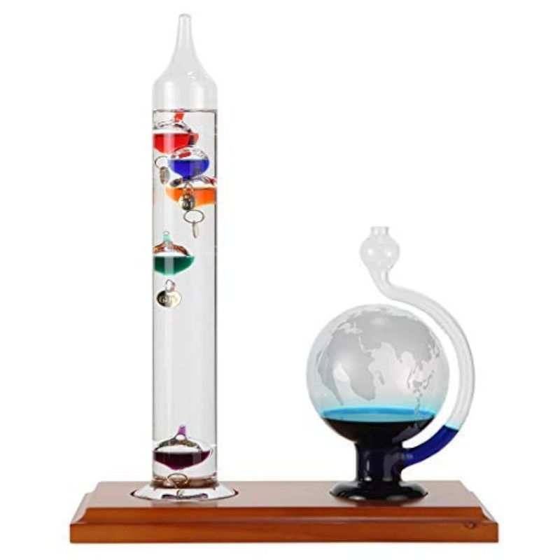 Photo 1 of Lily's Home Galileo Thermometer with Etched Glass Globe Barometer, A Timeless Design That Measures Temperatures from 64ºF to 80ºF with a Beautiful Wood Base, 5 Multi-Colored Spheres (9 in x12 in)