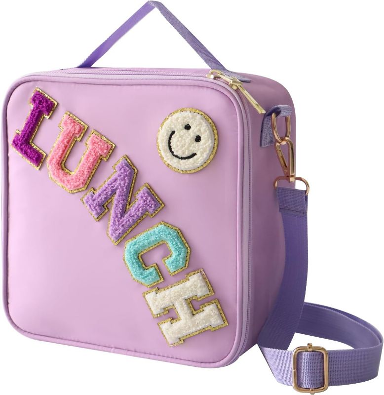 Photo 1 of Insulated Lunch Bag With Adjustable Shoulder Strap, Nylon Preppy Lunch Box Large Insulated Lunch Bag Reusable Lunch Tote Bag with Smiley Preppy LunchBag for Girls School Travel Picnic (Purple)