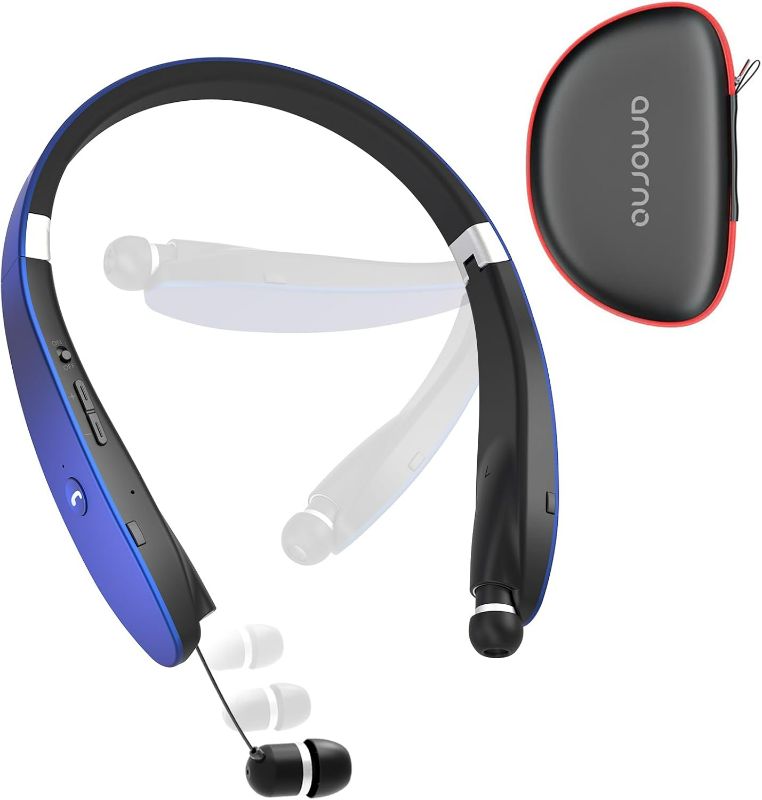 Photo 1 of AMORNO Foldable Bluetooth Headphones Wireless Neckband Headset with Retractable Earbuds, Sports Sweatproof Noise Cancelling Stereo Earphones with Mic (Blue)