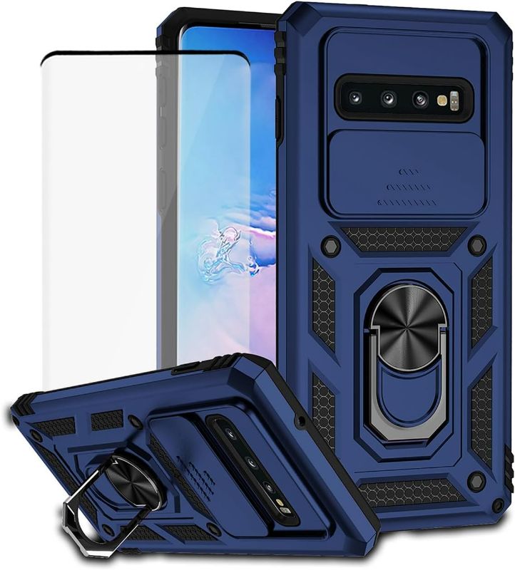 Photo 1 of for Galaxy S10 Case/Samsung S10 SM-G973U Case with Tempered Glass Screen Protector and Slide Camera Cover, Magnetic Ring Car Mount Holder Kickstand Protective Cover for Samsung Galaxy S10 Blue