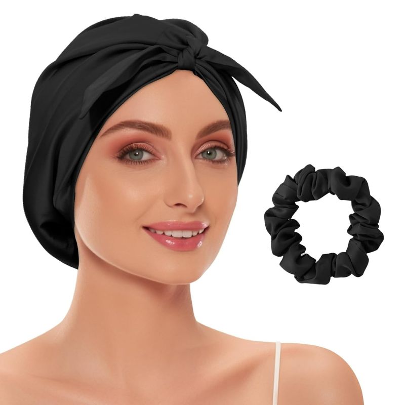 Photo 1 of 22 Momme 100% Mulberry Silk Hair Bonnet for Sleeping Curly Hair, Double-Layer Natural Silk Hair Wrap for Women, Silk Sleep Shower Cap with Elastic Band (Black)