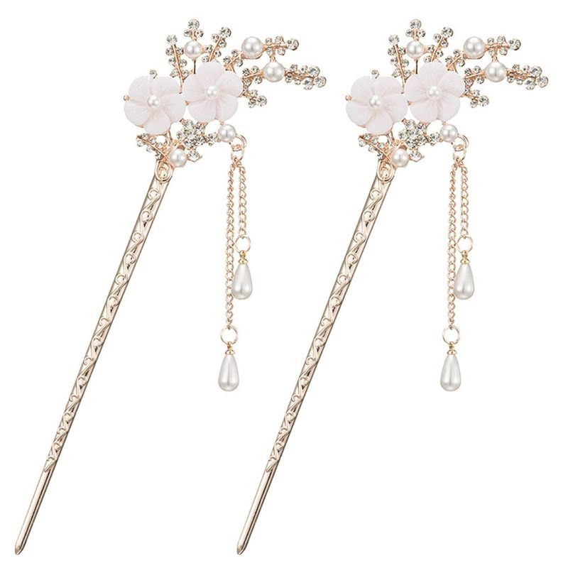 Photo 1 of 2 Pcs Rhinestone Pearl Flower Hair Stick Chinese Hair Chopsticks Vintage Tassel Hair Pin Chignon Pin Chopsticks Hair Styling Hair Making Accessories for Women (White)1