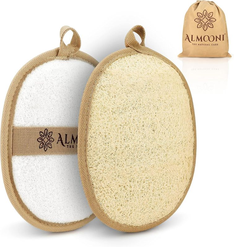 Photo 1 of Almooni Natural Loofah Exfoliating Body Scrubber, Made with Natural Egyptian Shower Loofah Sponge, Bath Shower Loofah Sponge for Women and Men, for Face and Body That Gets You Clean - 2 Count (1 Pack)