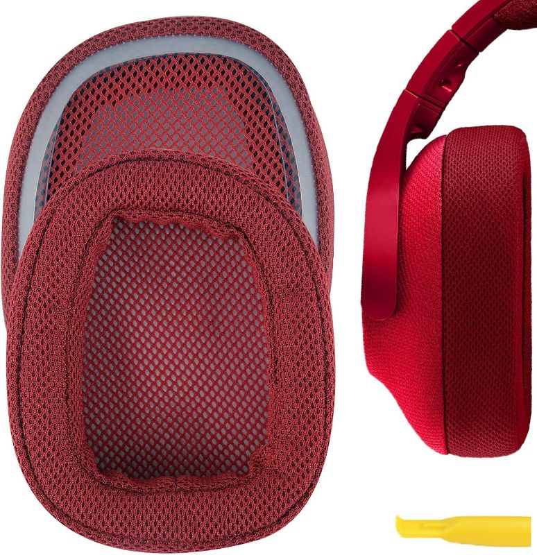 Photo 1 of Geekria Comfort Mesh Fabric Replacement Ear Pads for Logitech G433 G233 G PRO Headphones Ear Cushions, Headset Earpads, Ear Cups Cover Repair Parts (Red)