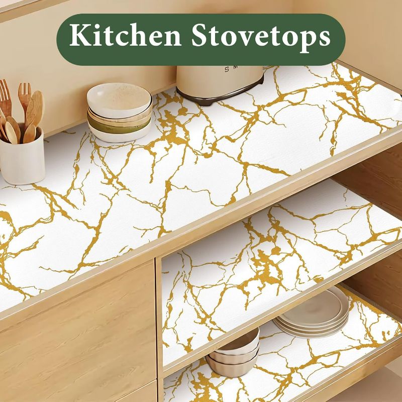 Photo 1 of Drawer and Shelf Liner for Kitchen Cabinet Non Slip Waterproof Shelf Paper 12 in X 20 Ft Non Adhesive Refrigerator Liners Gold White Marble Easy Liners for Bathroom Cupboard